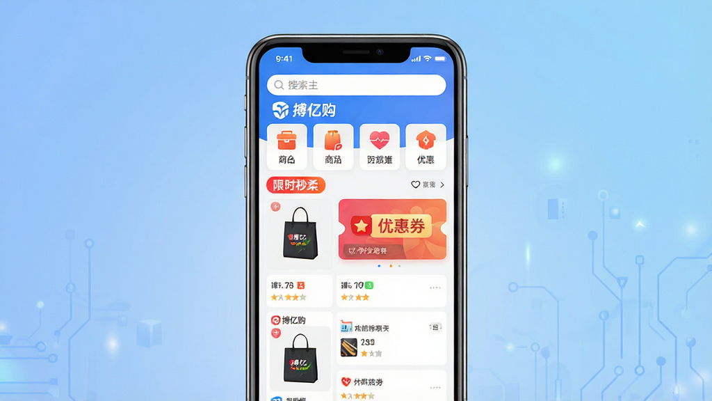 主体:一部亮着屏幕的智能手机,屏幕中显示“搏亿购”应用主界面,界面包含商品分类、限时秒杀、优惠券轮播图等模块。布局:手机位于画面中央,背景为柔和的渐变蓝色,营造科技与信任感。排版:界面元素排列整齐,顶部为搜索栏,下方为功能图标,中央为商品信息流。风格:现代扁平化设计,色彩明快。细节:屏幕中清晰可见“搏亿购”Logo与部分商品图片,画质高清,干净,无多余元素。