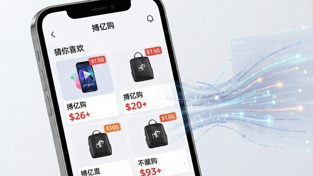 主体:手机界面展示“搏亿购”的智能推荐栏目,显示“猜你喜欢”板块,包含多件商品卡片。布局:手机屏幕占据主视觉,右侧有半透明的数据流动线条示意算法智能。排版:商品以两列网格排列,每张卡片展示商品图、名称和价格。风格:科技感与时尚感结合,背景为浅灰白色。细节:商品图片清晰,价格标签醒目,屏幕上方有“搏亿购”字样,画质干净,无多余元素。