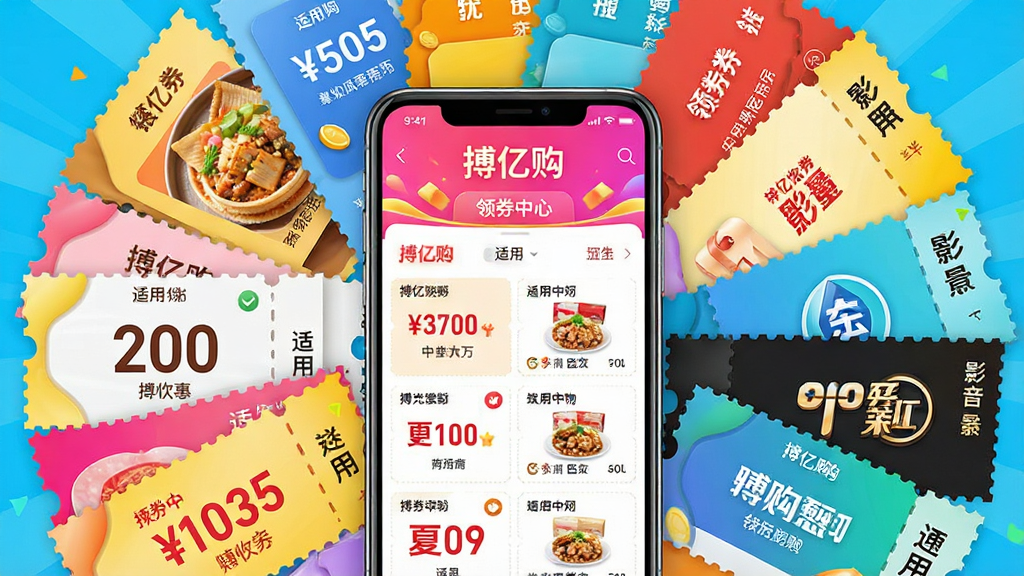 主体:一张张各类优惠券(餐饮券、购物券、影音券)围绕手机屏幕排列,手机打开“搏亿购”的领券中心页面。布局:券样以扇形或环绕排列,手机居中,构图有张力。排版:页面顶部为横幅“领券中心”,下方为券列表。风格:明亮活泼,色彩丰富,突出实惠感。细节:优惠券上有面额和适用商家,手机界面清晰显示“搏亿购”,画质高清,干净。