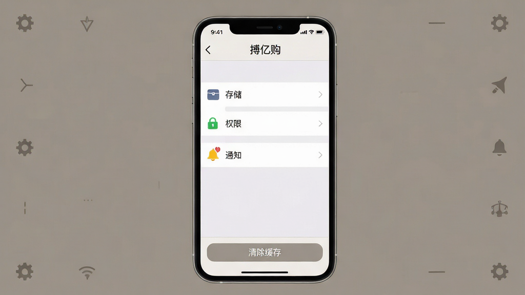 主体:一张内容为“搏亿购”应用设置的手机截图画面,屏幕显示“存储”、“权限”、“通知”等设置选项。布局:手机屏幕居中,背景为暖灰色,四周有细微的符号代表设置。排版:设置列表清晰,每行有图标和文字。风格:简洁实用风格,色彩中性。细节:屏幕上方有“搏亿购”字样,下方有“清除缓存”按钮,画质干净,无多余元素。