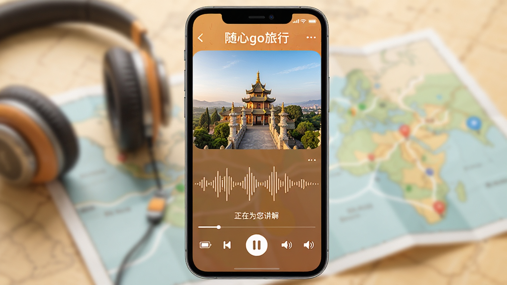 主体为“随心go旅行”APP的语音讲解播放界面,屏幕上方是景点实拍照片,下方是音频波形图和播放控制条,标注“正在为您讲解”;背景为耳机与地图元素,柔和虚化;布局采用上下结构,重点突出播放状态;风格写实与插画结合,色调温暖舒适;细节包含电量、音量图标,画质清晰,干净无多余元素。