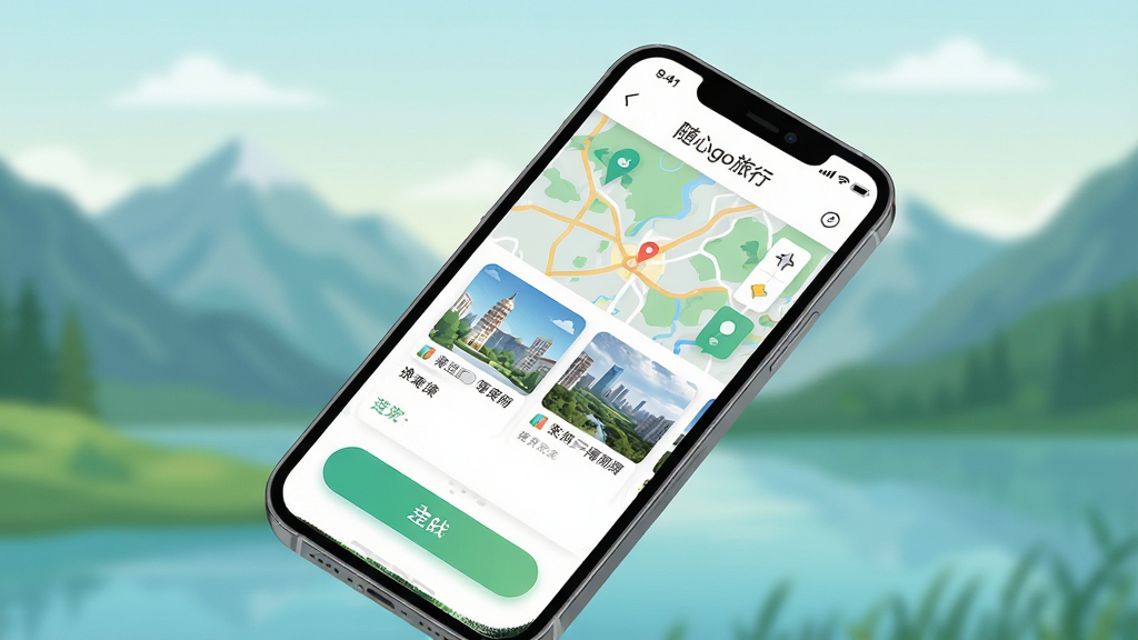 主体为手机界面展示“随心go旅行”APP的旅行规划页面,界面简洁明亮,包含地图、景点卡片和路线按钮;背景是模糊的山水风景,前景手机屏幕清晰显示“随心go旅行”字样;布局采用中心构图,手机斜放45度,四周留白;排版干净,突出APP界面;风格为现代扁平插画风,色彩清新自然,细节丰富,画质高清,干净无多余元素。
