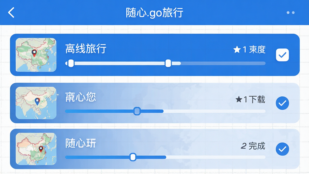 主体为“随心go旅行”APP的离线地图下载管理页面,界面显示多个省份或城市的地图包列表,下载进度条清晰可见;背景是简单的网格纹理;布局采用列表式结构,每行包含地图缩略图、名称和下载状态;风格扁平清爽,主色调为蓝色与白色;细节包括下载速度显示与完成勾选图标,画质干净,无多余元素。
