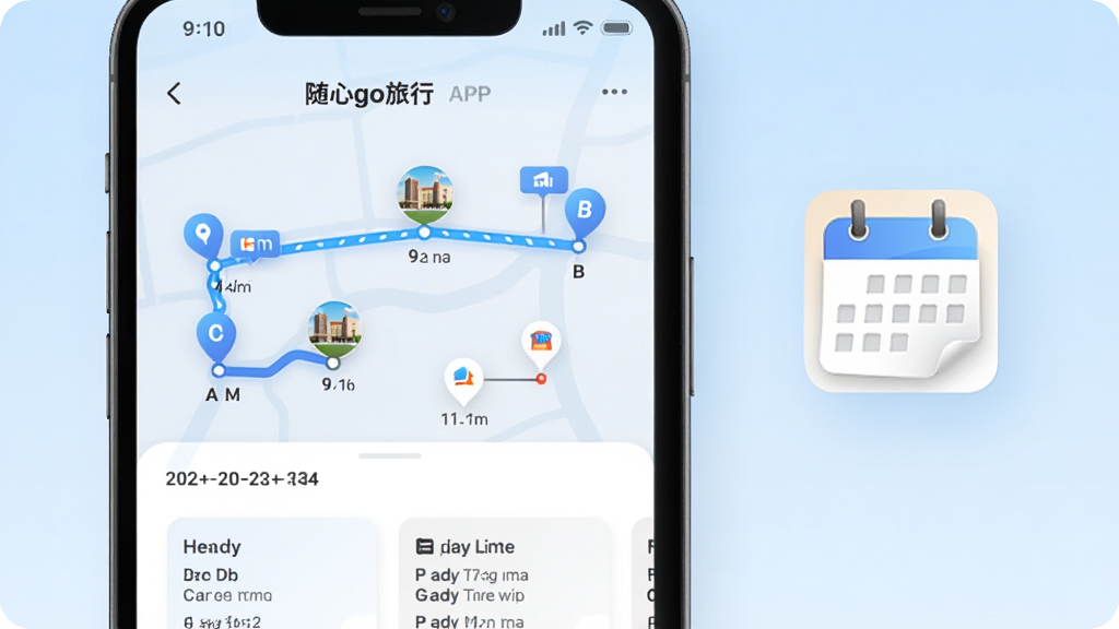 主体为“随心go旅行”APP的行程规划界面,屏幕上显示一条从A点到B点的路线,中间有多个景点标记;屏幕下方有日期和每日行程卡片;布局采用左屏右图的方式,左侧手机屏幕展示规划结果,右侧悬浮着日历图标;排版清晰,重点突出路线与时间轴;风格为简洁科技感,背景浅蓝色渐变;细节包括地点小图标和里程数,画质高清,干净无多余元素。