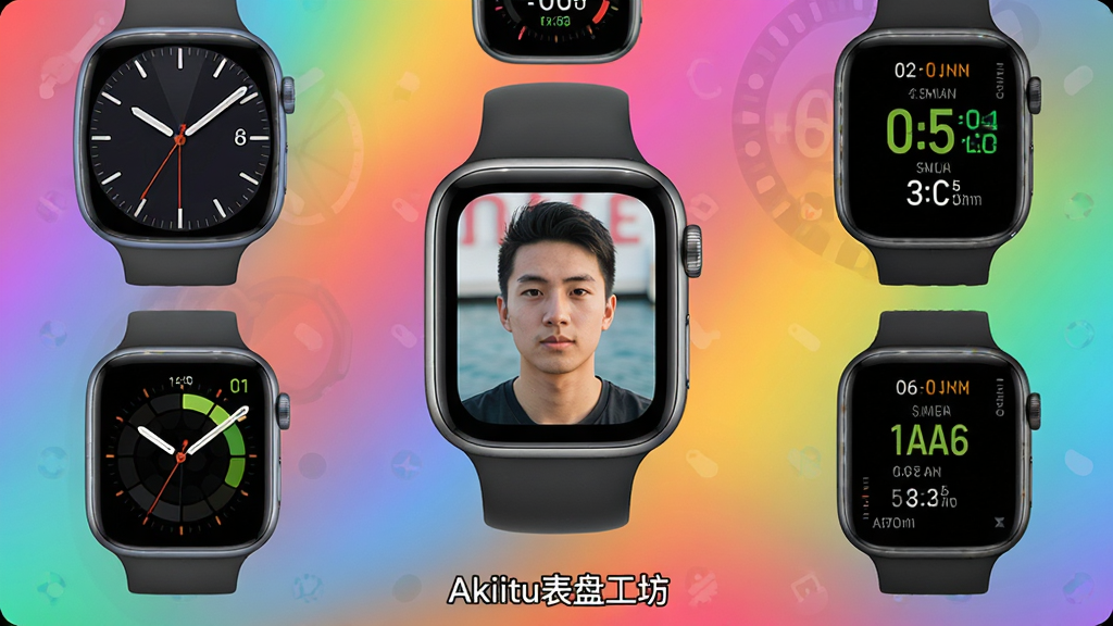 一组智能手表表盘设计图,展示不同风格的表盘,包括指针式、数字式、运动数据式等,中央高亮显示一个用户自定义上传的照片表盘,背景为多彩渐变色,布局为网格排列,风格活泼现代,细节精致,画质干净,无多余元素,图片底部标注“Akiitu表盘工坊”。
