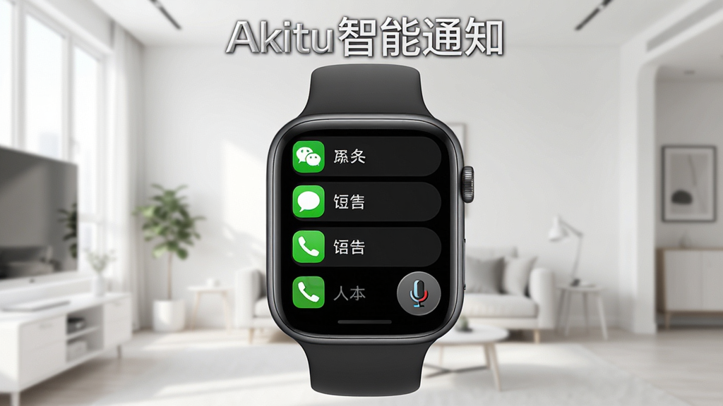 智能手表屏幕展示消息通知列表的界面,包含微信、短信、电话等图标,并显示语音回复的麦克风图标,背景为明亮简洁的室内环境,手表主体位于构图中央,布局清爽,风格现代,画质干净,细节到位,图片上方为“Akiitu智能通知”字样。