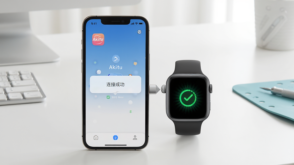 一张手机与手表连接成功的示意图,手机屏幕显示Akiitu主界面并弹出“连接成功”提示,手表屏幕显示对勾动画,背景为简洁的工作台,光线明亮,主体居中,布局清晰,风格写实,画质干净,无多余元素,图片中手机屏幕有“Akiitu”应用图标。
