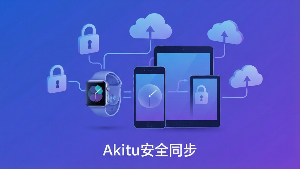 一张展示数据加密与多设备同步的抽象概念图,中央为智能手表与手机、平板电脑的连线示意图,背景有锁形与云朵图标,整体色调为蓝紫色,风格简洁现代,主体居中,细节清晰,画质干净,无多余元素,图片底部标注“Akiitu安全同步”。