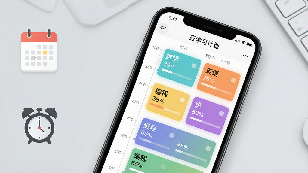 一张展示“应会学习”智能学习规划功能的界面截图风格图片,画面中央是一部手机,屏幕上显示一周学习计划时间轴,包含数学、英语、编程等课程卡片,每个卡片带有进度百分比,背景为浅灰色桌面,左侧有日历和闹钟图标,整体布局清晰,风格简洁,注重细节,画质高清,无多余元素