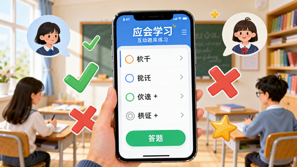 展示“应会学习”互动题库练习场景的插画,前景是一个打开的手机应用,界面显示选择题和答题按钮,周围有对勾、红叉、星星等符号,背景是明亮的教室或书房,有学生头像气泡,风格活泼,色彩鲜艳,构图平衡,细节丰富,画质清晰干净