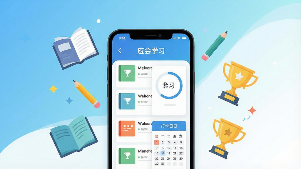 一幅展示“应会学习”App核心功能的现代扁平风格宣传图,主视觉为一部智能手机屏幕,屏幕内显示课程列表、学习进度环和打卡日历,周围漂浮着书本、铅笔、奖杯等学习元素,背景为清新的蓝白渐变,整体布局居中,排版整洁,风格简约明快,细节丰富,画质清晰,干净无多余元素