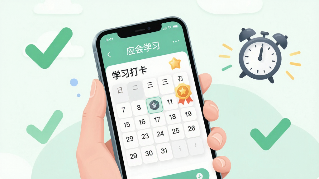 一幅体现“应会学习”移动端使用场景的插画,画面中一只手拿着手机,屏幕上显示学习打卡日历和成就徽章,背景有绿色对勾和闹钟图标,整体风格清新,浅色背景,布局简洁,细节精致,画质干净清晰,无多余元素