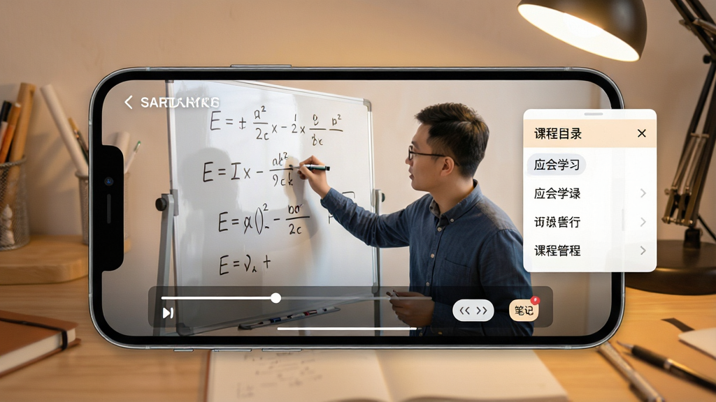 一张展示“应会学习”视频课程播放页面的效果图,手机横屏播放教学视频,画面中讲师正在白板上书写公式,视频下方有进度条、倍速按钮和笔记图标,周围有课程目录悬浮窗,背景为暖色调书桌,风格写实,布局合理,细节丰富,画质清晰,干净无多余元素