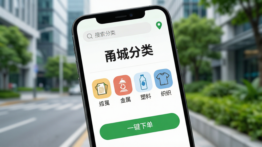 画面主体为智能手机屏幕特写,屏幕内清晰显示“甬城分类”APP主界面,界面顶部有搜索栏和定位图标,中部展示可回收物分类图标(纸类、金属、塑料、织物),下方有“一键下单”按钮。布局采用垂直居中构图,手机略微倾斜,背景为虚化的现代城市街道与绿色植被,风格明亮写实,细节呈现界面文字“甬城分类”及分类图标,画质高清干净,无多余元素。