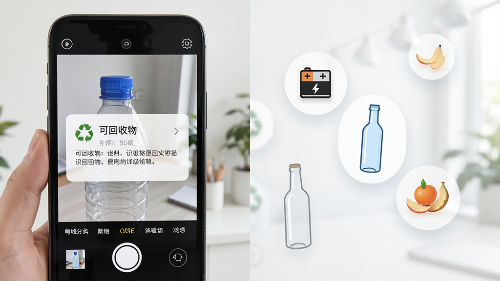 主体为手机拍照识别垃圾的演示场景,画面左侧是一部手机,相机取景框对准一个塑料瓶,屏幕弹出识别结果卡片,显示“可回收物”及详细解释。右侧漂浮着几个常见物品图标(电池、玻璃瓶、果皮),背景干净明亮,排版采用左右分屏布局,风格清新简约,细节突出“甬城分类”界面元素,画质高清,无多余杂乱元素。