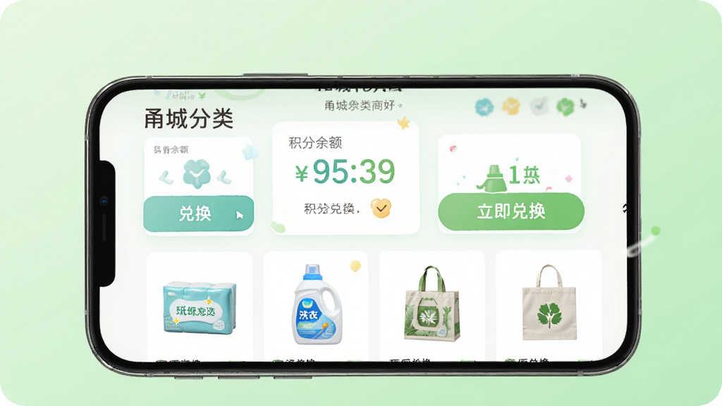 主体为手机屏幕展示“甬城分类”积分商城页面,页面包含积分余额、兑换按钮及多件商品缩略图(如纸巾、洗衣液、环保袋)。背景为淡绿色渐变,排版采用网格布局,风格清新活泼,细节突出积分数字与“立即兑换”按钮,画质干净明亮,无多余元素。