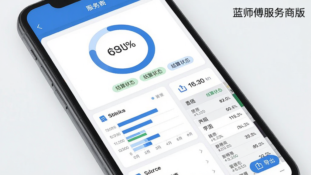 主体为手机屏幕显示财务数据仪表盘,中央为环形百分比图,下方为横向柱状图与列表明细,布局采用卡片式网格,风格为蓝白配色商务风格,细节包含金额数字、结算状态标签、导出按钮图标,画质精致干净,无多余元素,页面右上角有“蓝师傅服务商版”水印