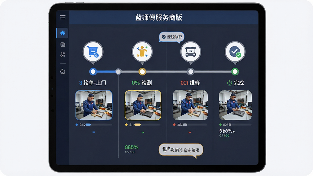 主体为一部平板电脑横屏展示订单时间轴,时间轴上依次排列“接单-上门-检测-维修-完成”五个节点图标,每个节点下方有对应的现场照片缩略图与时间戳,布局采用纵向时间线加左右分栏,风格为简洁商务风,细节包含状态颜色区分、进度百分比、备注文字气泡,画质高清干净,无多余元素,界面顶部有“蓝师傅服务商版”标识