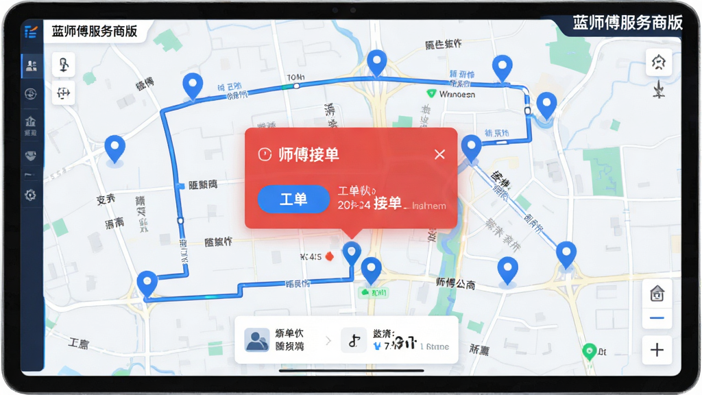 主体为一张电子地图界面,地图上分布着多个蓝色定位点代表师傅位置,中央有一个醒目的红色工单卡片弹出窗口,卡片上显示接单按钮与师傅信息,布局采用地图全屏加底部卡片式设计,风格为现代科技感,细节包含路线连线、距离标注、状态图标,画质清晰明亮,干净无多余元素,屏幕一角标注“蓝师傅服务商版”字样