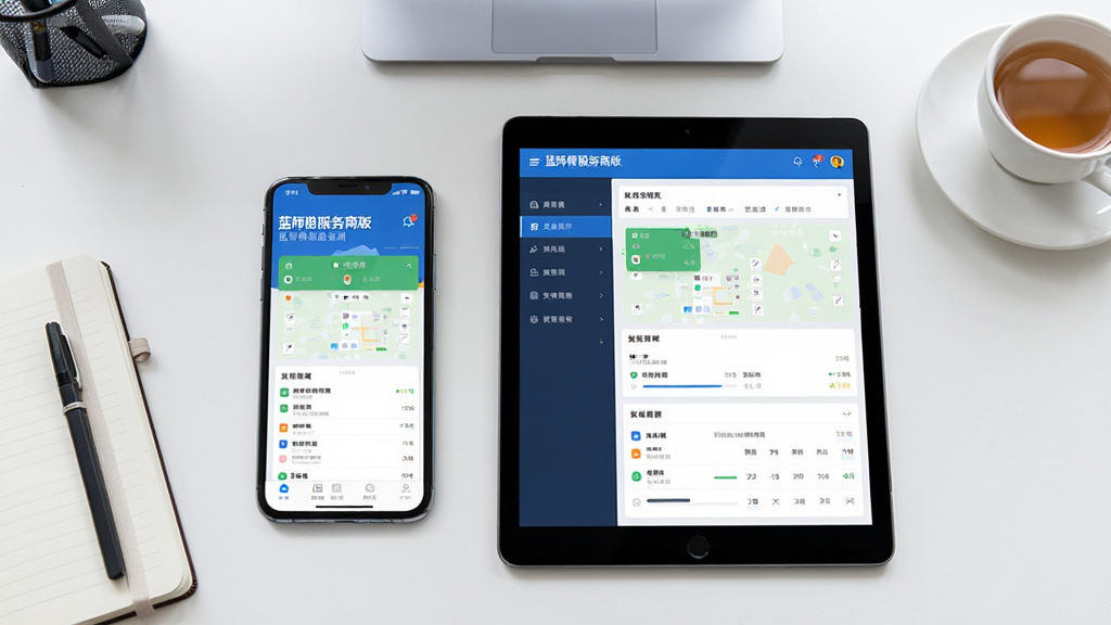 主体为一部手机与一部平板电脑并排摆放,屏幕上同时显示“蓝师傅服务商版”的派单与数据看板界面,背景为简洁办公桌面,布局为对称构图,风格为写实摄影,细节包含屏幕反光、界面清晰标识、周围有笔记本与茶杯,画质高清干净,无多余元素