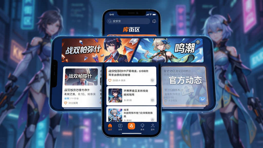 主体:一款名为“库街区”的手机应用界面横空出世,悬浮于赛博朋克风格的库洛游戏世界观背景之上,界面展示“战双帕弥什”与“鸣潮”的游戏角色横幅。布局:界面UI设计现代扁平,顶部是搜索栏与“库街区”品牌LOGO,中部是新闻资讯卡片流与水印“官方动态”,底部是导航栏图标。排版:界面卡片错落有致,色彩以深蓝与亮橙为主,对比鲜明,信息层级清晰。风格:科技感融合二次元漫画风格,高清CG渲染。细节:UI元素高光细腻,卡片边缘有发光效果,背景有游戏角色虚影。画质:8K超高清,干净无多余元素。