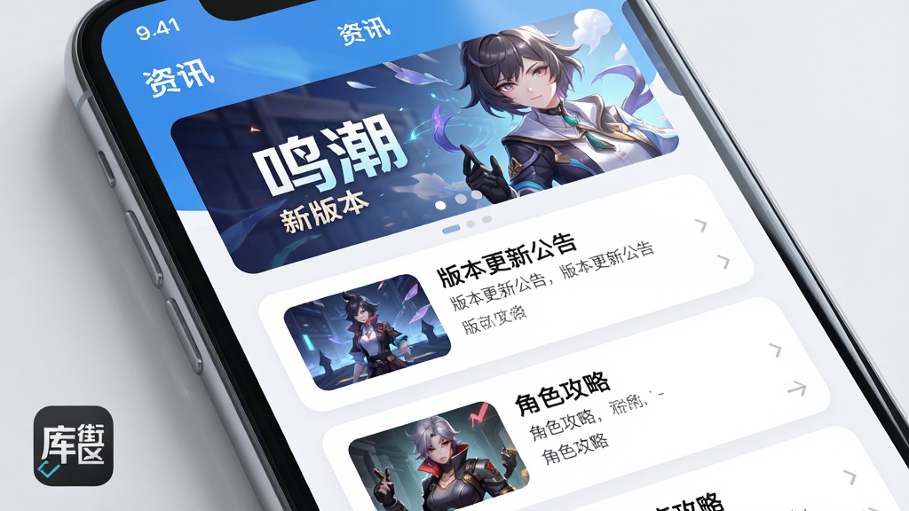 主体:手机屏幕特写,屏幕上展示库街区APP的“资讯”页面,顶部横幅广告为“鸣潮”新版本海报。布局:页面自上而下排列,第一屏是大幅Banner,下方是两条新闻摘要卡片,分别配有小图与标题“版本更新公告”与“角色攻略”。排版:UI设计遵循移动端卡片流布局,圆角卡片,间距均匀,视觉焦点引导明确。风格:明亮清新的移动端界面风格,写实与二次元结合。细节:屏幕反射着柔和的光线,左下角有“库街区”应用图标的水印。画质:4K超清,细节丰富,背景干净。
