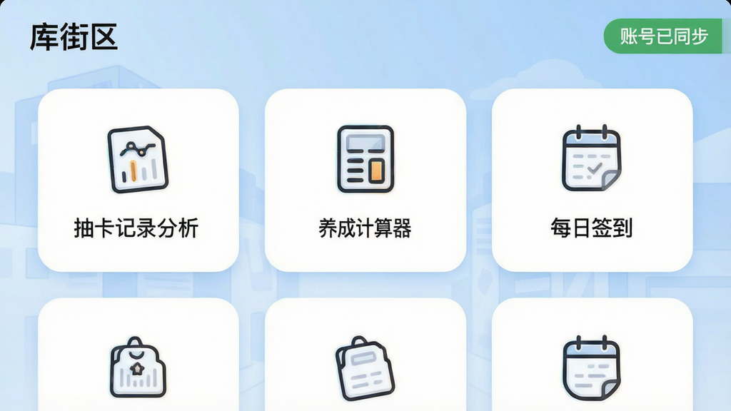 主体:库街区APP内嵌“工具箱”界面,展示“抽卡记录分析”、“养成计算器”、“每日签到”等功能卡片。布局:卡片呈网格状排列,每张卡片图标清晰,下方配以简短的文字说明。背景为淡蓝色渐变,营造出理性、可靠的工具氛围。排版:功能卡片以圆角方形整齐排列,视觉上整齐划一。风格:UI风格简洁明亮,图标设计精致,采用线性风格。细节:屏幕左上角显示“库街区”字样,右上角有“账号已同步”的绿色小标。画质:高清,无多余元素,聚焦于功能展示。