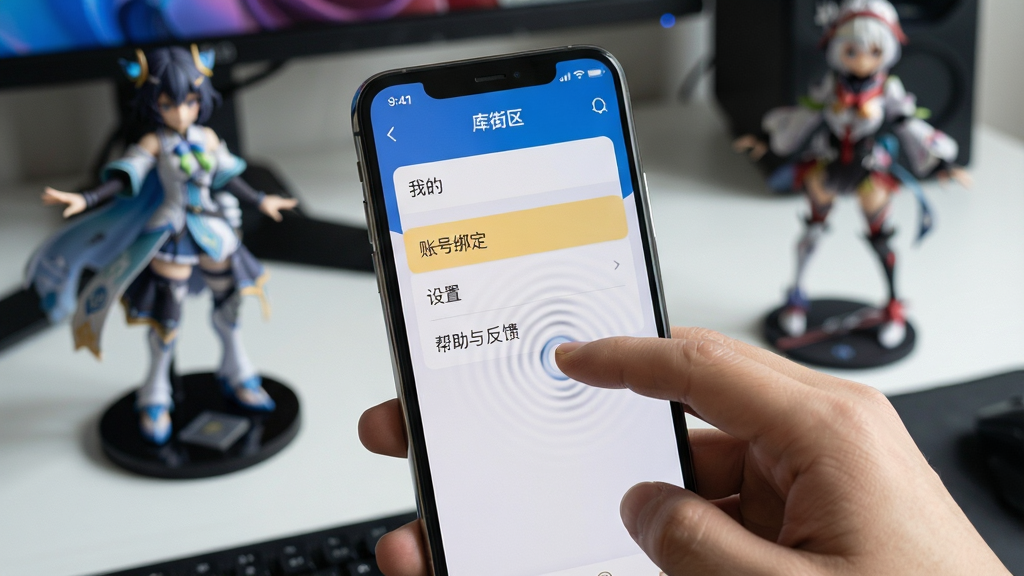主体:一只手握着手机,屏幕显示库街区APP的“我的”页面,上面高亮显示“账号绑定”“设置”“帮助与反馈”等菜单项。布局:手机位于画面中央,背景虚化的电脑桌面上摆放着《鸣潮》与《战双》的周边手办。排版:画面聚焦于手机屏幕,UI界面内容清晰可读。风格:写实摄影风格,光线柔和,背景适度虚化突出主体。细节:手指轻触在“账号绑定”选项上,屏幕有细微的涟漪反馈效果,屏幕上方有“库街区”字样。画质:高清,细节真实。