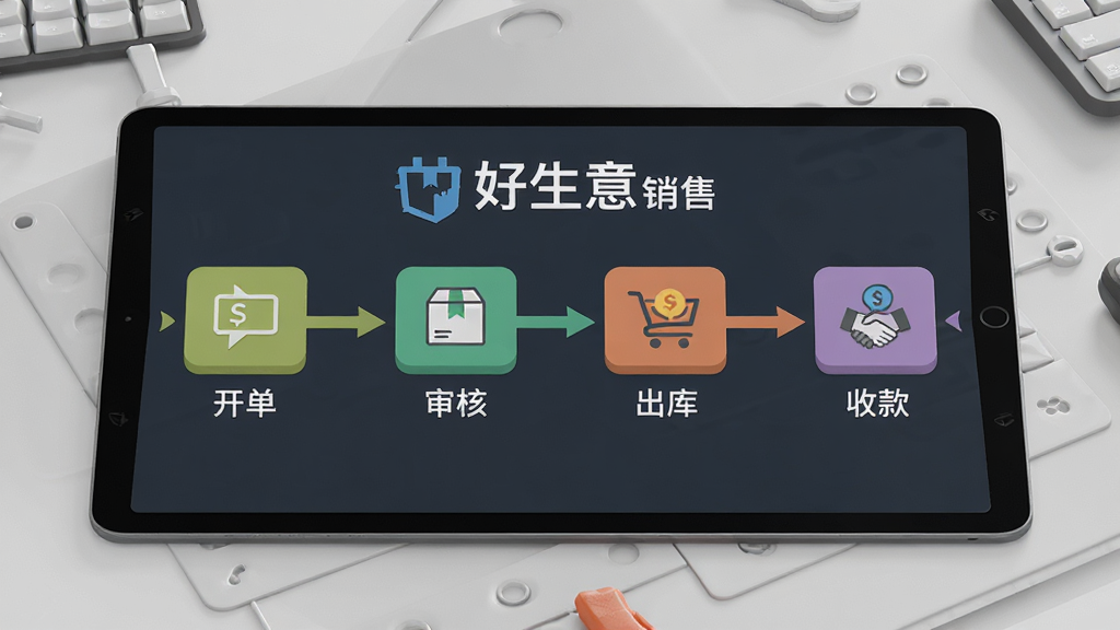 主体:平板电脑展示“好生意”销售订单流程图,包含开单、审核、出库、收款四个节点。布局:流程图横向展开,节点由线条连接,背景为浅灰色工作台面。排版:每个节点有图标和文字标注,清晰易懂。风格:简洁扁平化商务风格。细节:流程线条带有方向箭头,节点颜色区分不同状态。画质:高清,干净,无多余元素。