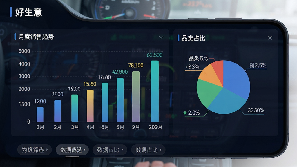 主体:手机屏幕上展示“好生意”的销售统计图表,包括柱状图和饼图,背景为深色驾驶舱风格。布局:图表全屏展示,底部有数据筛选标签。排版:图表数据标签清晰,颜色对比明显。风格:商务数据可视化风格,深色背景突显数据。细节:柱状图显示月度销售趋势,饼图显示品类占比,数字精确。画质:高清,干净,无多余元素。