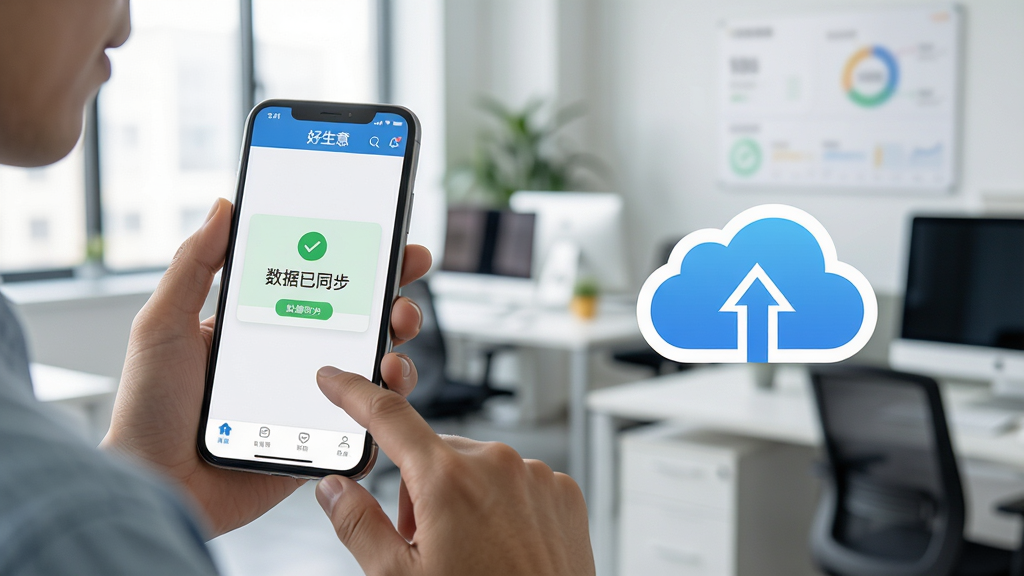 主体:一个人手持手机操作“好生意”App,屏幕显示数据同步成功的提示。布局:人物位于画面左侧,右侧有云同步图标,背景为办公室。排版:界面简洁,提示文字清晰。风格:写实生活化。细节:手机屏幕有“数据已同步”字样,背景办公环境整洁。画质:高清,干净,无多余元素。