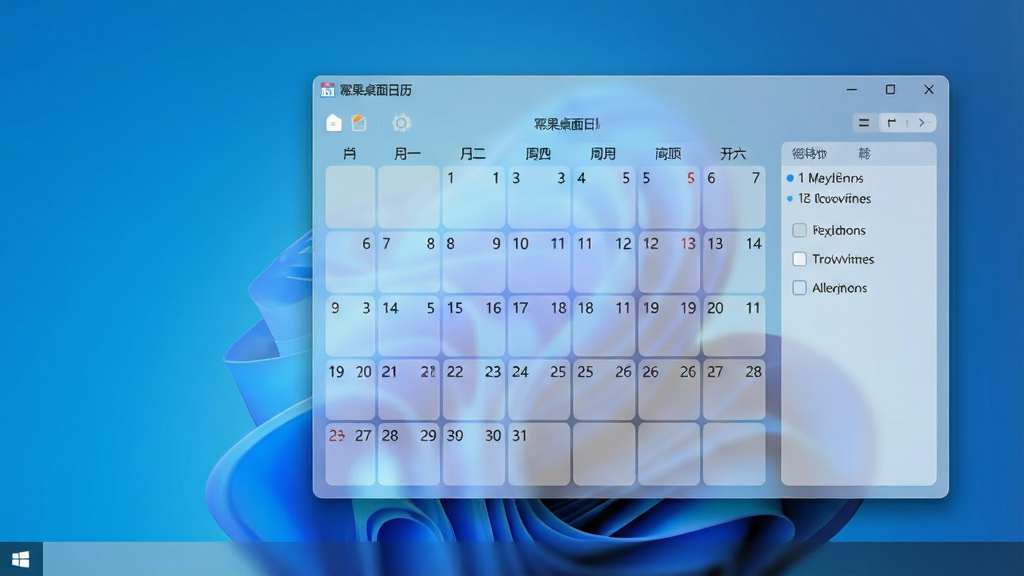 一幅展示软件核心界面的高清预览图,主体为运行在Windows桌面上的“幂果桌面日历”窗口,采用半透明毛玻璃效果,日历网格清晰显示当月日期,右侧有简洁的待办事项列表。布局为居中构图,桌面背景为整洁的渐变蓝色,日历置于屏幕右下方,阴影自然。风格拟真写实,细节圆润,画面干净无多余元素。