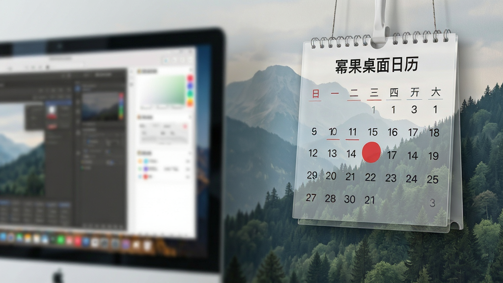 一张展示桌面挂件效果的场景图,主体是“幂果桌面日历”悬浮于工作桌面右上角,半透明背景与壁纸中的山林风景和谐相融,日历上清晰显示红色圆点标记的今日日期。布局为右侧特写,左侧虚化显示电脑窗口。风格清新自然,细节丰富,画质细腻干净,无杂乱元素。