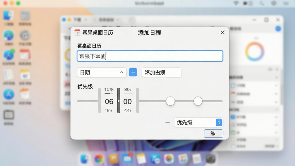 一张展示软件日程设置界面的截图,主体为“幂果桌面日历”的添加日程对话框,包含标题输入框、日期选择器、时间滚动条与优先级下拉菜单。布局为居中特写,背景虚化显示桌面。风格简洁明亮,细节清晰,画质干净。