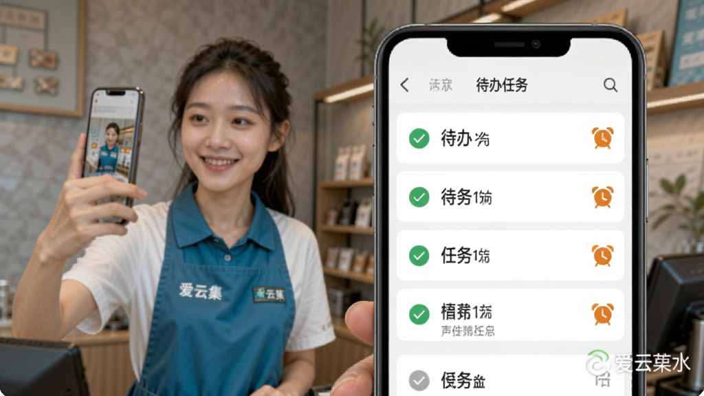 爱云集任务巡检功能界面,手机屏幕上显示待办任务列表,带有绿色对勾和橙色闹钟图标,背景为一位店员在店内拍照打卡,画面融合实景与软件界面,风格写实,标注爱云集水印,画质高清