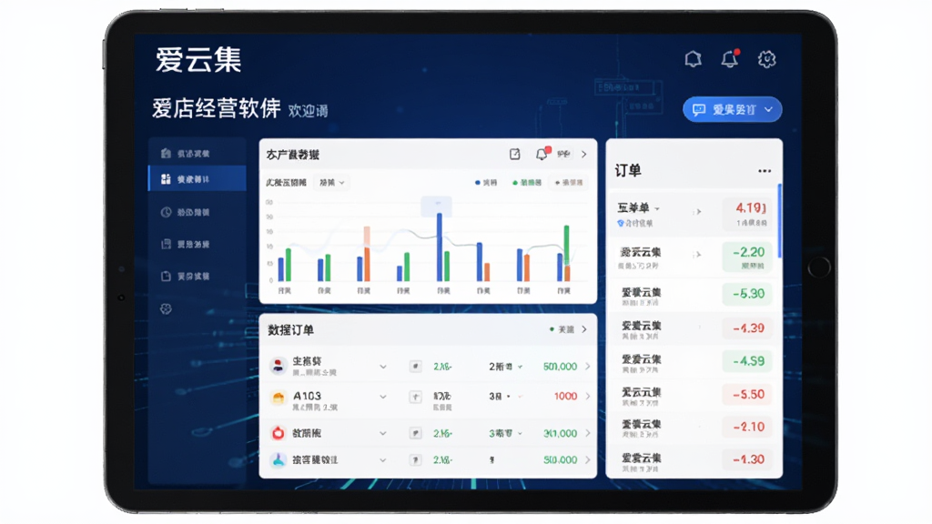 爱云集软件主界面在平板电脑上展示,深蓝色科技感背景,屏幕中显示清晰的门店经营数据看板与订单列表,界面布局简洁明亮,上方有爱云集品牌标识与欢迎语,整体风格现代商务,画质干净无多余元素