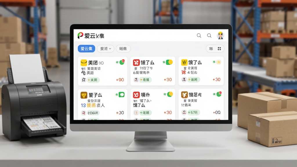 爱云集订单聚合界面,屏幕中央显示来自美团、饿了么等平台的订单卡片,状态标签颜色各异,背景为仓库打包台,有打印机和包裹,强调高效处理场景,突出爱云集品牌,画面干净整洁