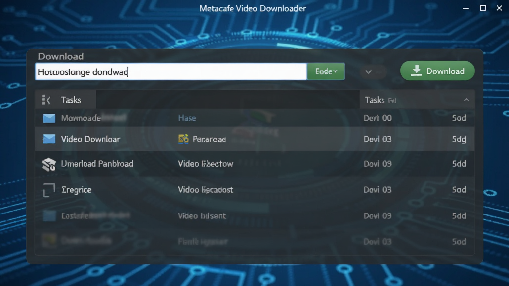 Metacafe Video Downloader 软件主界面截图,展示简洁的下载工具栏,包含网址输入框、下载按钮和任务列表,背景为蓝色科技感风格,整体布局清晰,画质干净,无多余元素