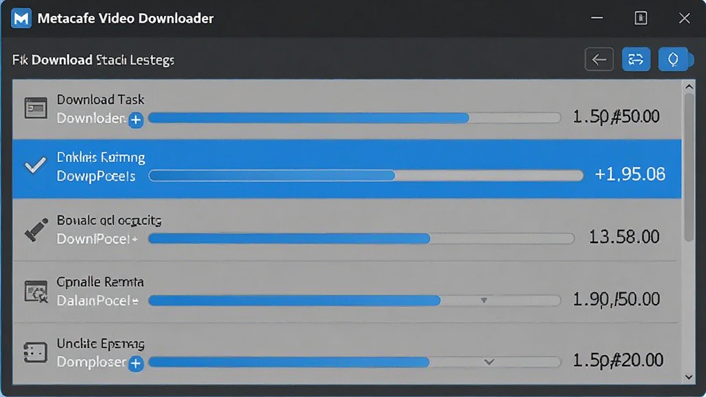 Metacafe Video Downloader 批量下载任务列表界面,包含多个下载任务进度条和速度显示,整体设计简洁商务,蓝色高亮显示完成状态,布局规整,画质干净