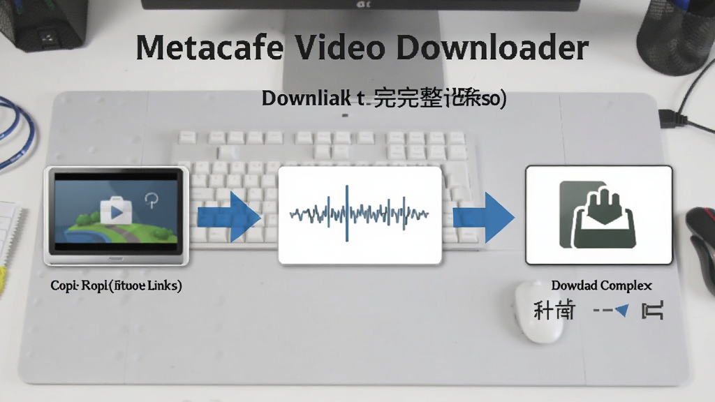 Metacafe Video Downloader 在电脑上下载视频的完整流程图,包含从复制链接到下载完成的步骤示意,使用分步箭头展示,背景为浅灰色工作台,主体清晰,画质干净