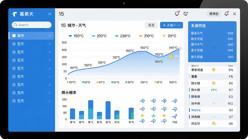 一幅展示幂果天气软件预报功能的电脑界面截图,屏幕上显示城市未来15天天气预报图表,包含温度曲线、降水概率柱状图和风力符号。界面左侧有城市列表和搜索框,右侧为详细数据面板。整体采用蓝白配色,线条流畅,数据可视化清晰,风格现代简约,画质高清干净,无多余元素。