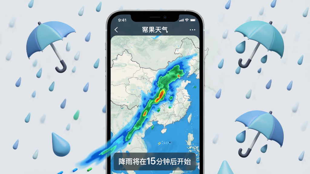 一幅动态效果图,中央是一部手机屏幕显示幂果天气软件的分钟级降水雷达地图,地图上有蓝色和绿色雨带移动动画,底部有倒计时提示“降雨将在15分钟后开始”。背景为淡灰色,手机周围有雨伞和雨滴的立体图标,整体风格科技感十足,色彩鲜明,画质细腻,无多余元素。