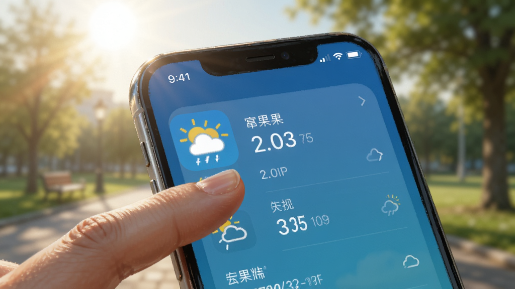 一幅展示用户使用幂果天气软件的场景插图,前景为一只手指点击手机屏幕上的天气应用图标,屏幕显示详细天气数据。背景为模糊的户外环境,有阳光和树木,体现移动端使用的便捷性。整体风格写实,光线自然,细节丰富,画质干净,无多余元素。