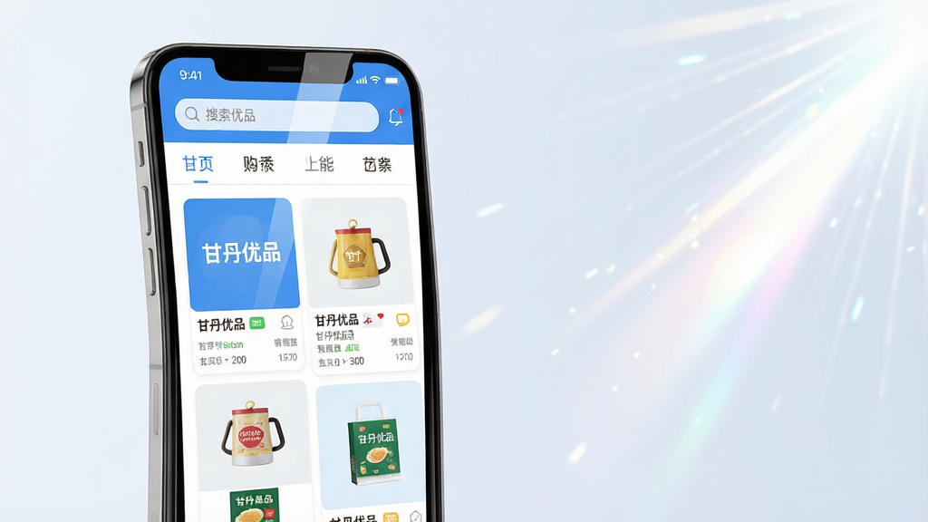 主体:手机屏幕上展示“甘丹优品”购物应用的主界面,屏幕内可见商品瀑布流、分类图标。布局:手机居中偏左,右侧留白有装饰光效。排版:屏幕内界面清晰,顶部搜索栏,中部商品卡片错落有致。风格:现代扁平化,色彩明亮柔和,主打蓝白基调。细节:屏幕反光自然,商品图清晰,可看到“甘丹优品”字样。画质:超清,干净,无多余元素。