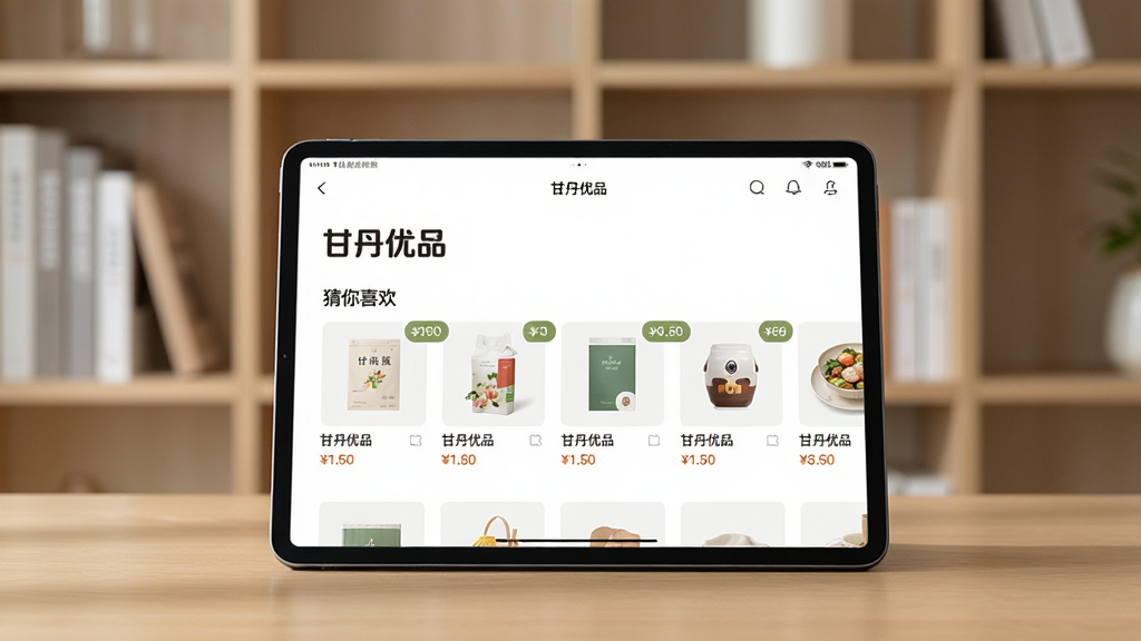 主体:一台平板电脑上运行“甘丹优品”应用,展示个性化推荐区域。布局:平板置于桌面,屏幕朝向镜头,背景是简约书架。排版:屏幕中展示“猜你喜欢”模块,商品横向滑动。风格:清新自然,光线柔和,强调智能感。细节:界面显示“甘丹优品”Logo,推荐商品带价格标签。画质:高清,干净,无多余元素。