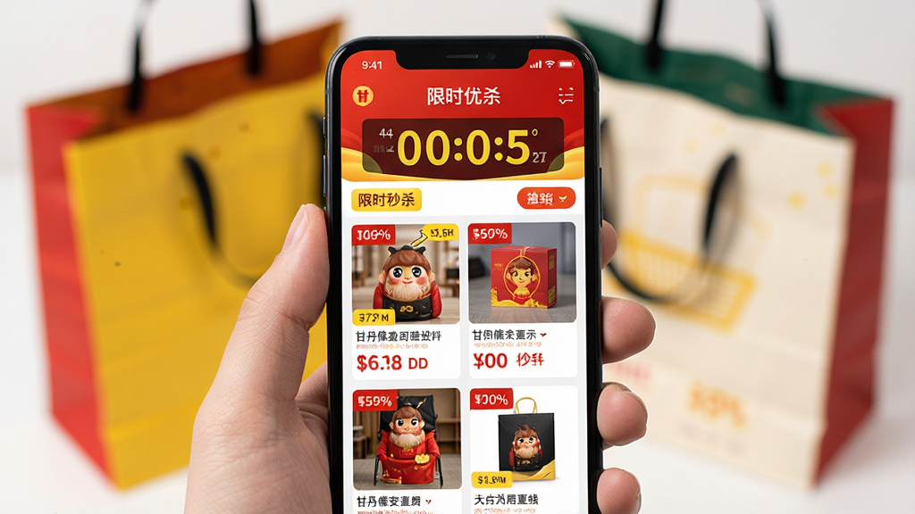 主体:手机展示“甘丹优品”应用内的秒杀活动页面。布局:手机握在手中,背景为模糊的购物袋。排版:页面顶部“限时秒杀”倒计时,下方商品网格排列。风格:促销氛围,红色与黄色点缀,视觉冲击力强。细节:商品图片带折扣标签,价格醒目。画质:高清,干净,无多余元素。