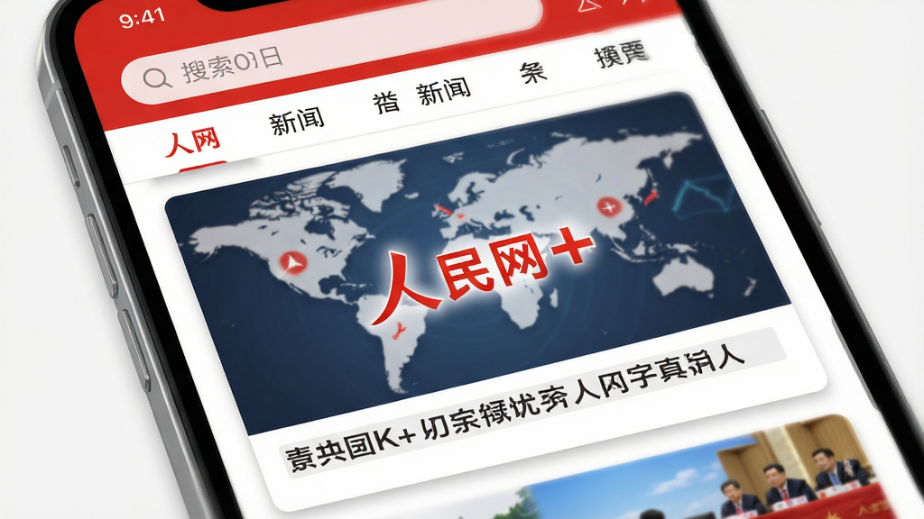 主体:手机屏幕展示人民网+新闻流界面。布局:以大卡片形式排列图文新闻,顶部为搜索栏与分类标签。排版:信息流式布局,配图精良,标题醒目。风格:扁平化设计结合轻微投影,红白配色为主。细节:屏幕中央一条新闻配图显示“人民网+”红色标识,背景有代表全球的模糊地图。画质:4K高清,画质干净,无多余元素。