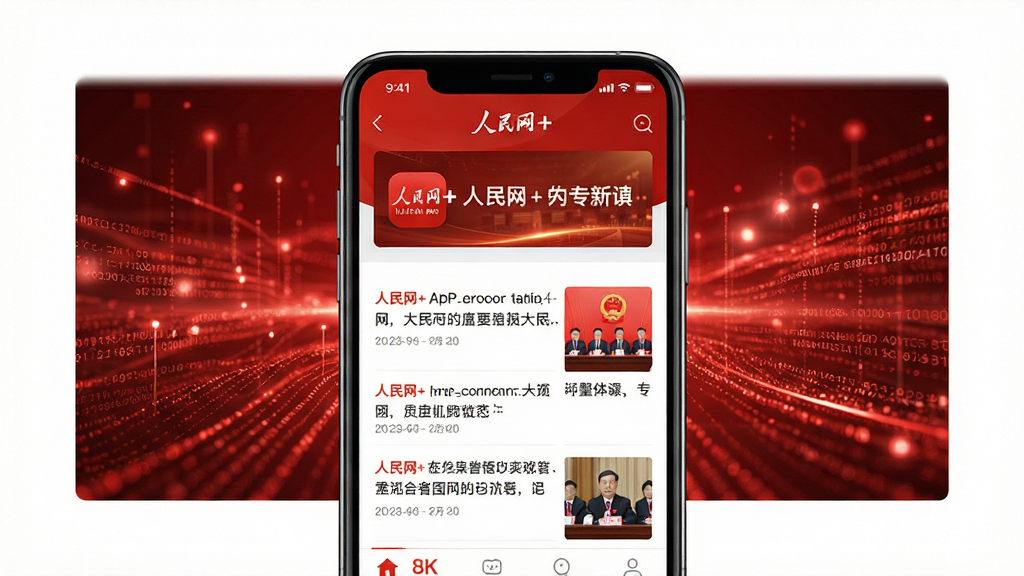 主体:人民网+APP界面在手机屏幕上展示,背景是抽象化的红色数据流与光芒。布局:手机居中,屏幕内容清晰显示新闻列表与专题banner,四周留白。排版:现代简洁的APP产品展示风格,突出应用图标与界面预览。风格:科技感与政务严肃风格结合,红色主色调,光影层次分明。细节:屏幕上隐约可见“人民网+”字样与新闻标题,画面干净无杂乱元素。画质:8K超高清渲染,细节锐利,无多余元素。