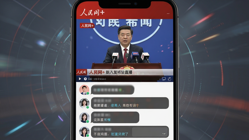 主体:手机屏幕正在播放一场新闻发布会直播。布局:视频画面占据屏幕上半部分,下方为互动评论区。排版:沉浸式直播界面,画面清晰,评论滚动。风格:写实与科技感结合,主色调为红色与深灰色。细节:直播画面角落有“人民网+”的LOGO水印,评论框内有用户头像。画质:高清视频渲染,动态感强,无多余元素。