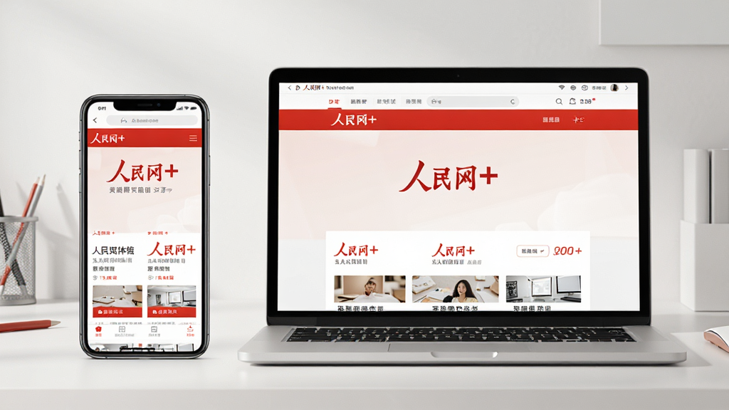 主体:一部智能手机与一台笔记本电脑并排,屏幕中均展示人民网+的界面。布局:手机在左,电脑在右,背景为简洁的工作台。排版:双屏互动展示,强调多端同步体验。风格:商务现代风格,浅色调,红色点缀。细节:手机与电脑屏幕均显示“人民网+”首页,画面干净整洁。画质:超清画质,光影自然,无多余元素。